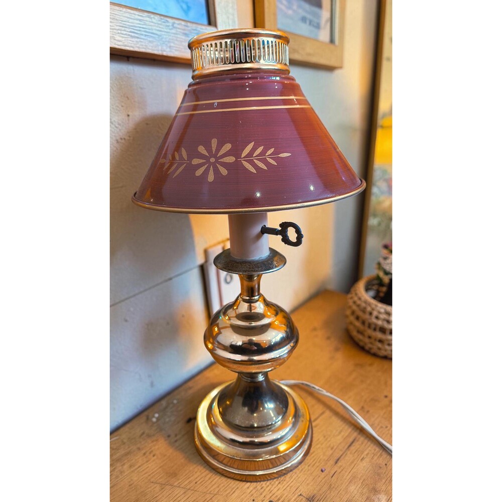 Vintage Small Brass Table Lamp Burgundy Tole Metal Shade Gold Floral Key Switch
